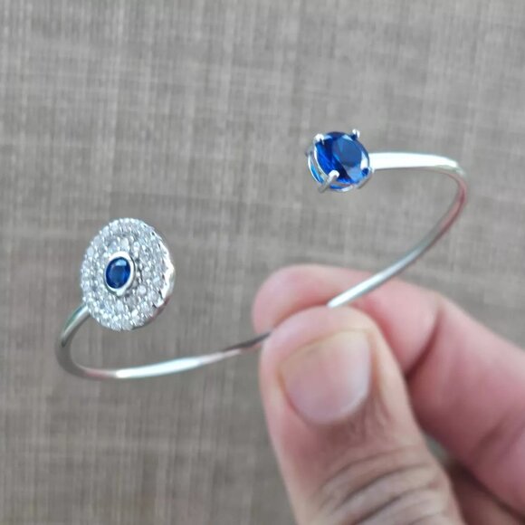 925 Sterling Silver Bracelet Blue Faux Stone Crystal Accent Cuff Wrist Band New - Picture 11 of 12
